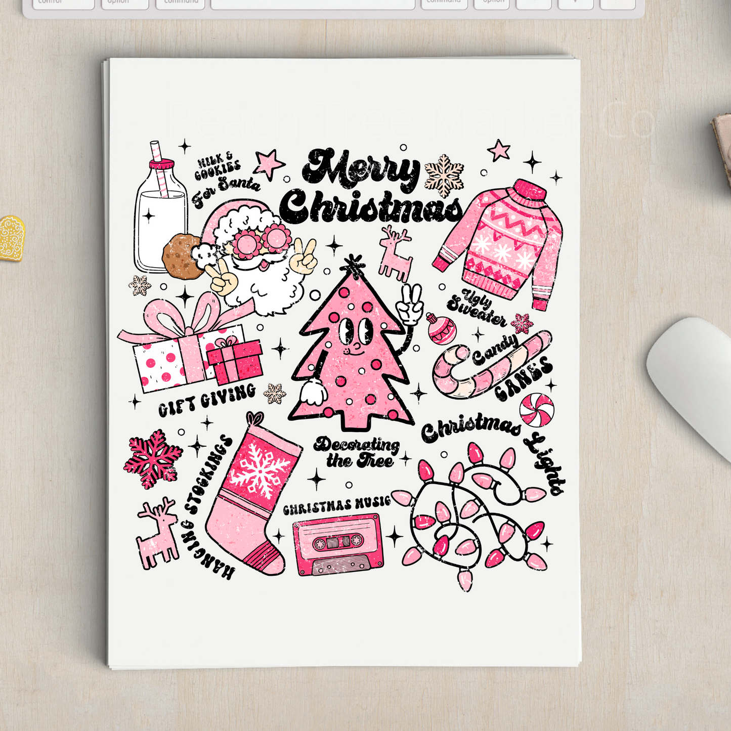 Pink Merry Christmas Doodles Sublimation Transfer