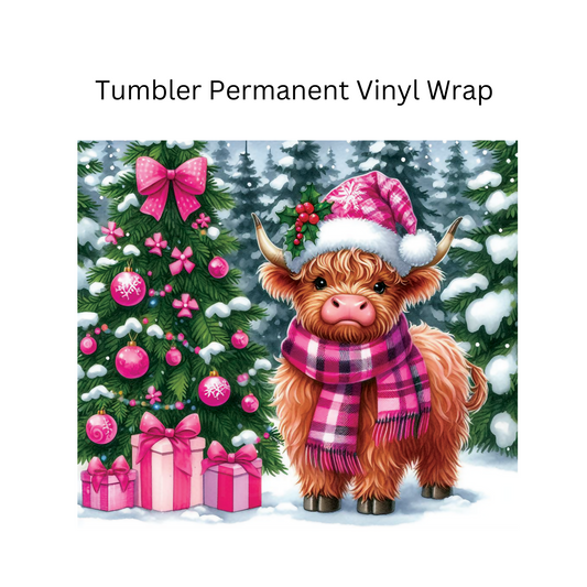 Pink Christmas Highland Cow Permanent Vinyl Wrap