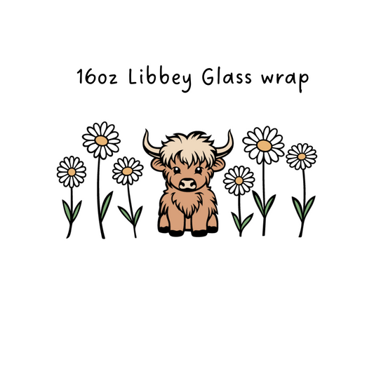 Mini Highland Cow with Flowers  16 Oz Libbey Beer Glass Wrap